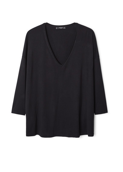 V Neck T Shirt - neckline: v-neck; pattern: plain; style: t-shirt; predominant colour: black; occasions: casual; length: standard; fibres: viscose/rayon - stretch; fit: body skimming; sleeve length: long sleeve; sleeve style: standard; pattern type: fabric; texture group: jersey - stretchy/drapey; season: a/w 2015