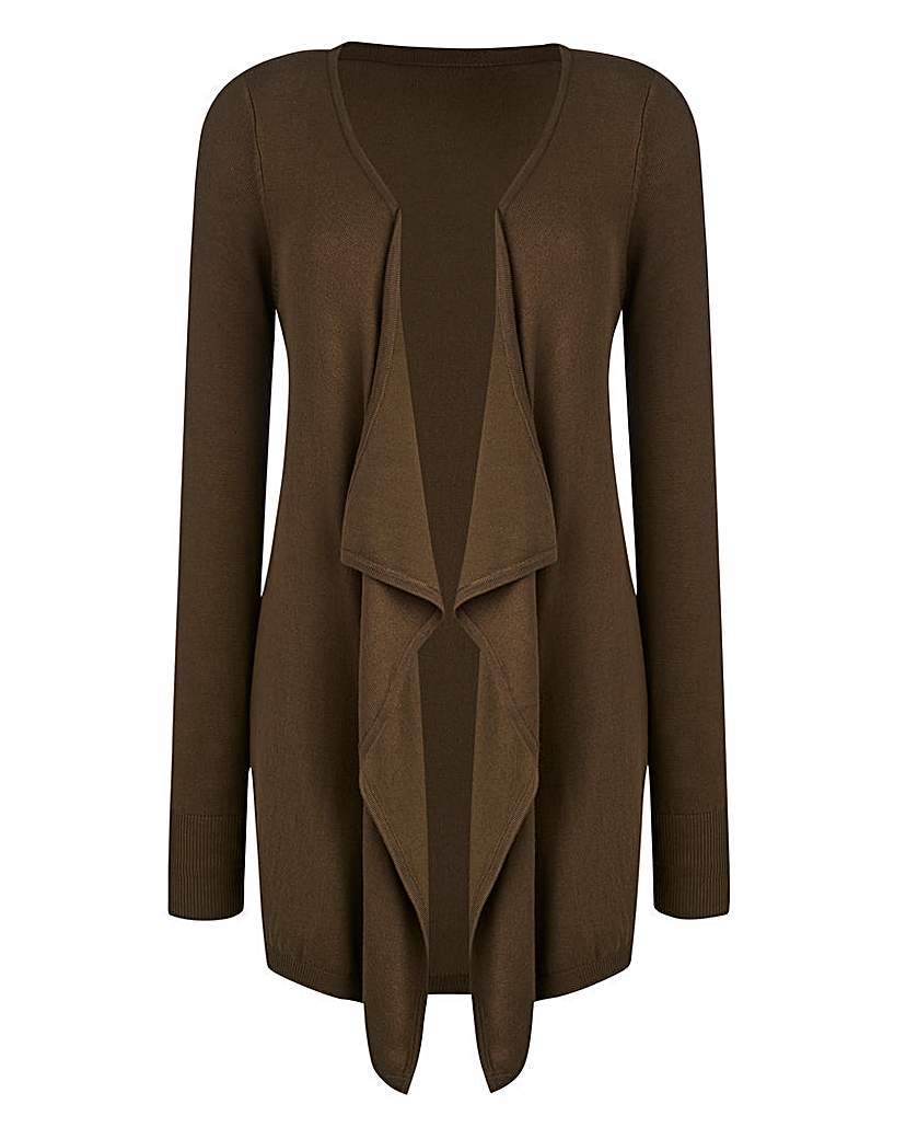 Waterfall Cardigan - pattern: plain; neckline: waterfall neck; style: open front; predominant colour: khaki; occasions: casual, work, creative work; fit: loose; length: mid thigh; sleeve length: long sleeve; sleeve style: standard; texture group: knits/crochet; pattern type: knitted - fine stitch; fibres: viscose/rayon - mix; season: a/w 2015