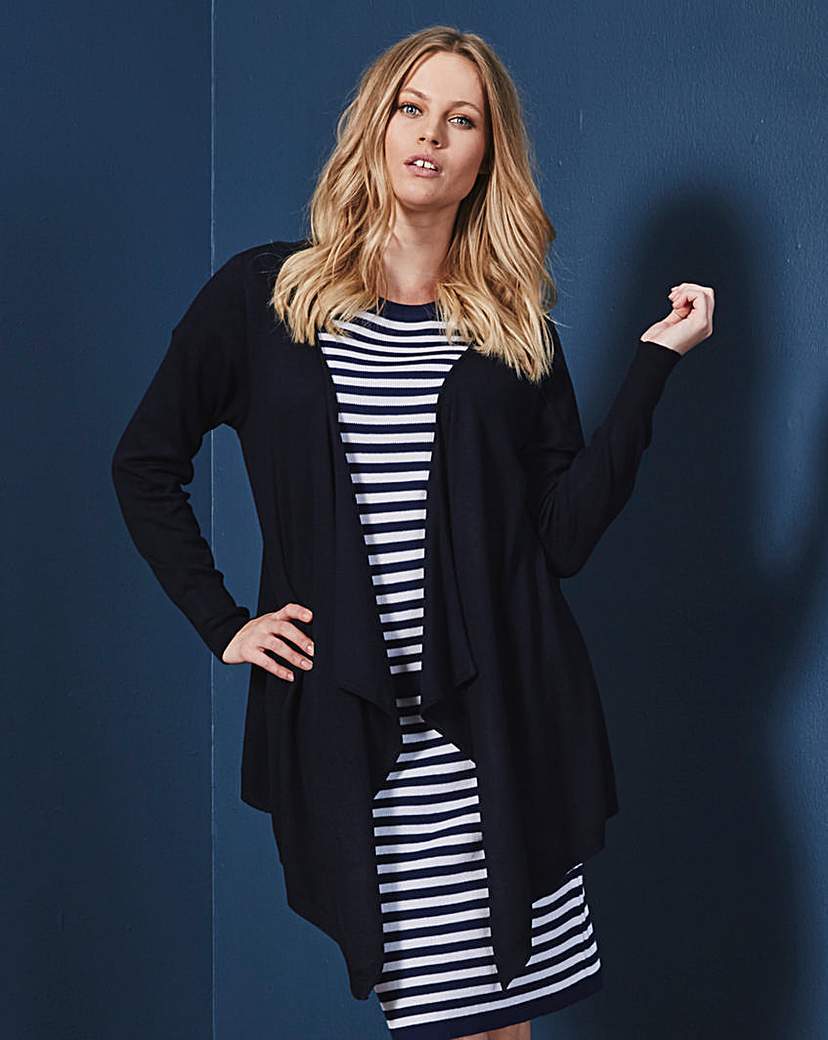 Navy Waterfall Cardigan - pattern: plain; neckline: shawl; length: below the bottom; style: open front; predominant colour: black; occasions: casual, work, creative work; fibres: wool - mix; fit: loose; sleeve length: long sleeve; sleeve style: standard; texture group: knits/crochet; pattern type: knitted - fine stitch; season: a/w 2015