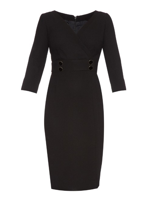 Boudoir V Neck Crepe Dress - style: faux wrap/wrap; neckline: v-neck; fit: tailored/fitted; pattern: plain; predominant colour: black; occasions: evening; length: just above the knee; fibres: wool - 100%; sleeve length: 3/4 length; sleeve style: standard; texture group: crepes; pattern type: fabric; season: a/w 2015