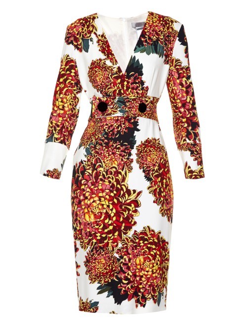 Creta Dress - style: faux wrap/wrap; neckline: low v-neck; secondary colour: ivory/cream; predominant colour: terracotta; occasions: evening, occasion; length: just above the knee; fit: fitted at waist & bust; fibres: viscose/rayon - stretch; sleeve length: 3/4 length; sleeve style: standard; pattern type: fabric; pattern size: big & busy; pattern: florals; texture group: jersey - stretchy/drapey; season: a/w 2015