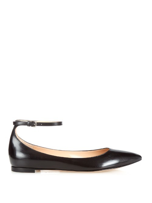 Gia Point Toe Leather Flats - predominant colour: black; occasions: casual, creative work; material: leather; heel height: flat; ankle detail: ankle strap; toe: round toe; style: ballerinas / pumps; finish: patent; pattern: plain; season: a/w 2015
