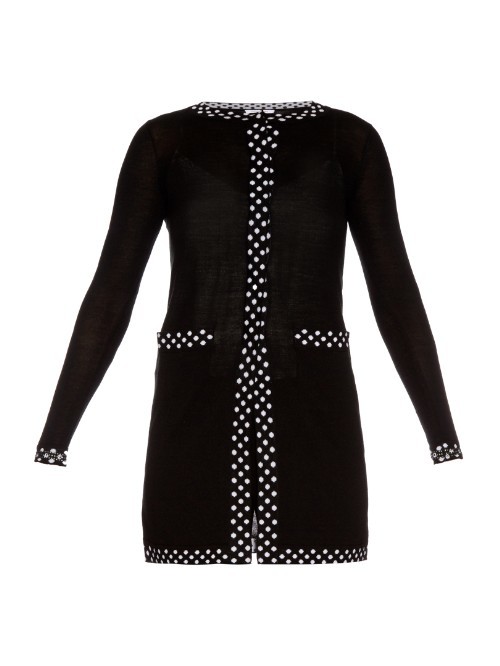 Carmela Cardigan - neckline: round neck; pattern: polka dot; secondary colour: white; predominant colour: black; occasions: casual, creative work; style: standard; fibres: silk - mix; fit: standard fit; length: mid thigh; sleeve length: long sleeve; sleeve style: standard; texture group: knits/crochet; pattern type: knitted - fine stitch; pattern size: light/subtle; season: a/w 2015