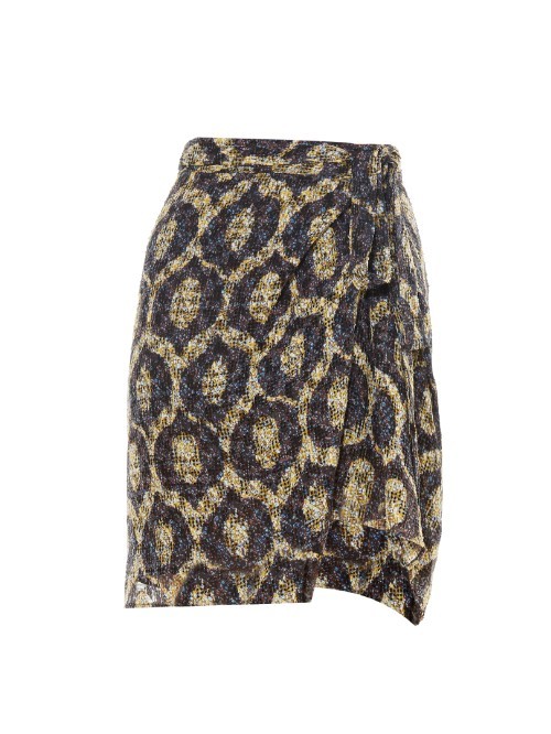 Tilia Twist Front Mini Skirt - length: mini; fit: tailored/fitted; waist: high rise; predominant colour: gold; secondary colour: black; style: mini skirt; fibres: silk - 100%; occasions: occasion, creative work; hip detail: ruching/gathering at hip; texture group: silky - light; pattern type: fabric; pattern: patterned/print; pattern size: big & busy (bottom); season: a/w 2015