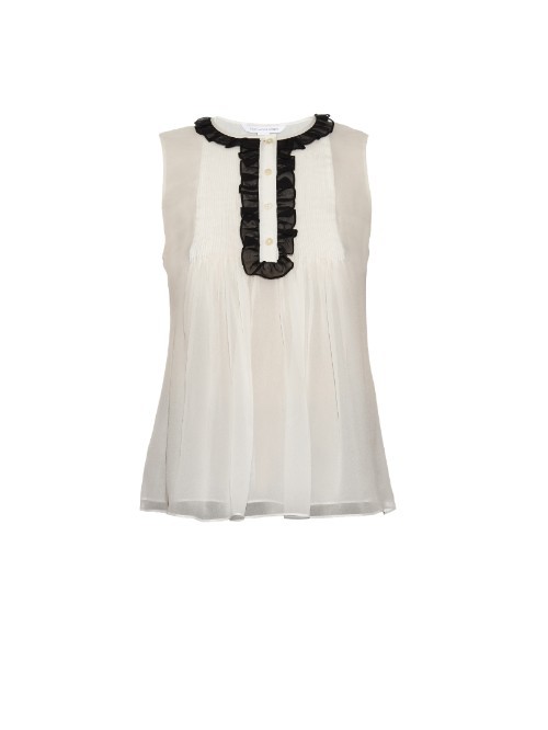Betsy Blouse - pattern: plain; style: blouse; bust detail: ruching/gathering/draping/layers/pintuck pleats at bust; predominant colour: white; secondary colour: black; occasions: evening; length: standard; fibres: silk - 100%; fit: body skimming; neckline: crew; sleeve length: sleeveless; sleeve style: standard; texture group: sheer fabrics/chiffon/organza etc.; pattern type: fabric; multicoloured: multicoloured; season: a/w 2015