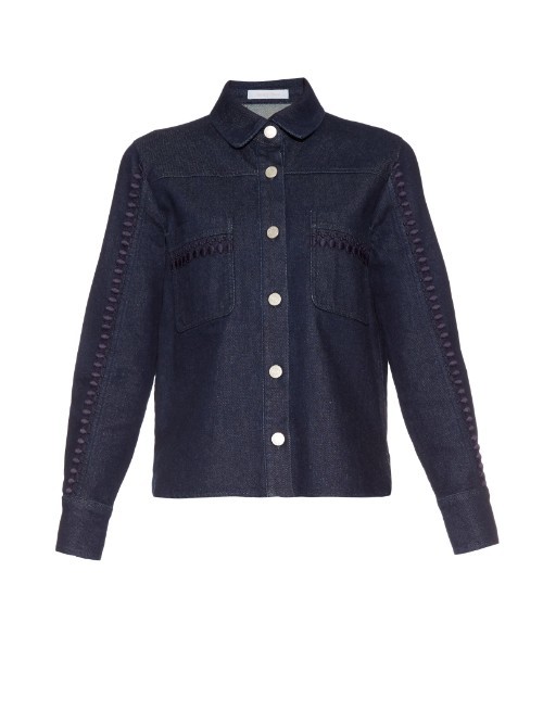Marcramé Lace Trimmed Denim Shirt - neckline: shirt collar/peter pan/zip with opening; pattern: plain; style: shirt; predominant colour: navy; occasions: casual, creative work; length: standard; fibres: cotton - mix; fit: body skimming; sleeve length: long sleeve; sleeve style: standard; texture group: denim; pattern type: fabric; season: a/w 2015
