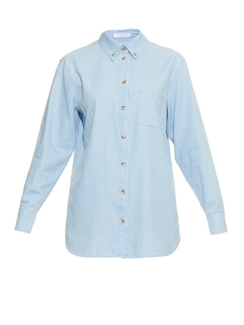 Margaux Denim Shirt - neckline: shirt collar/peter pan/zip with opening; pattern: plain; length: below the bottom; style: shirt; predominant colour: pale blue; occasions: casual, creative work; fibres: cotton - 100%; fit: straight cut; sleeve length: long sleeve; sleeve style: standard; texture group: denim; pattern type: fabric; season: a/w 2015
