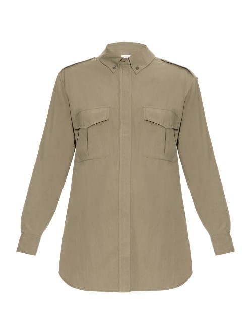 Major Silk Shirt - neckline: shirt collar/peter pan/zip with opening; pattern: plain; style: shirt; bust detail: pocket detail at bust; predominant colour: khaki; occasions: casual, creative work; length: standard; fibres: silk - 100%; fit: straight cut; sleeve length: long sleeve; sleeve style: standard; texture group: crepes; pattern type: fabric; season: a/w 2015