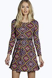 Aztec Print Long Sleeve Dress Multi - length: mid thigh; neckline: round neck; predominant colour: aubergine; secondary colour: khaki; occasions: casual; fit: fitted at waist & bust; style: fit & flare; fibres: polyester/polyamide - 100%; sleeve length: long sleeve; sleeve style: standard; pattern type: fabric; pattern size: standard; pattern: patterned/print; texture group: jersey - stretchy/drapey; multicoloured: multicoloured; season: a/w 2015