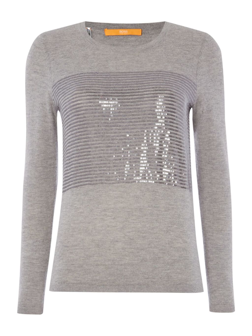 Long Sleeve Jumper With Sequin Detail, Mid Grey - pattern: plain; bust detail: added detail/embellishment at bust; style: standard; predominant colour: light grey; occasions: casual; length: standard; fibres: polyester/polyamide - mix; fit: standard fit; neckline: crew; sleeve length: long sleeve; sleeve style: standard; texture group: knits/crochet; pattern type: knitted - fine stitch; embellishment: sequins; season: a/w 2015