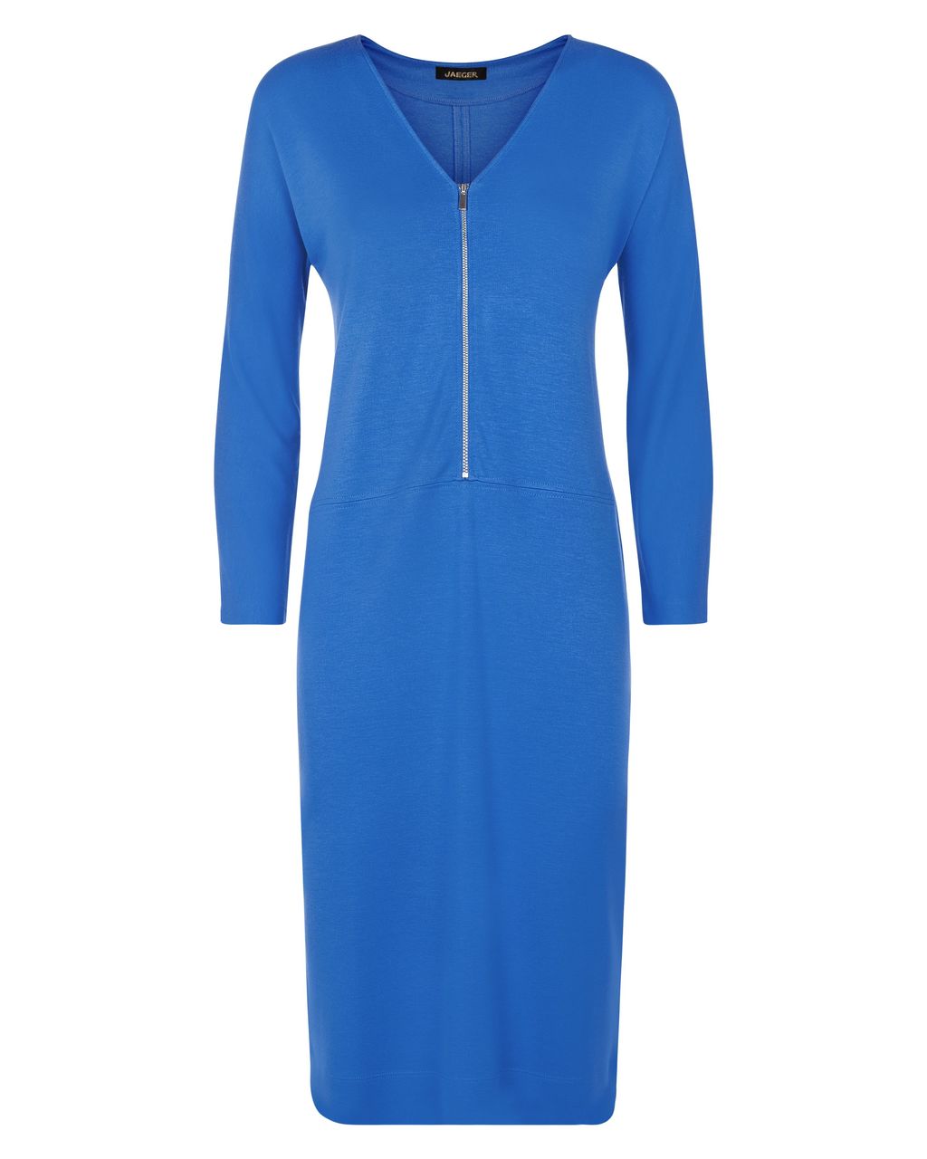 Jersey Zip Detail Dress, Blue - style: shift; neckline: v-neck; pattern: plain; bust detail: buttons at bust (in middle at breastbone)/zip detail at bust; predominant colour: diva blue; occasions: evening; length: on the knee; fit: body skimming; fibres: viscose/rayon - stretch; sleeve length: long sleeve; sleeve style: standard; pattern type: fabric; texture group: jersey - stretchy/drapey; season: a/w 2015