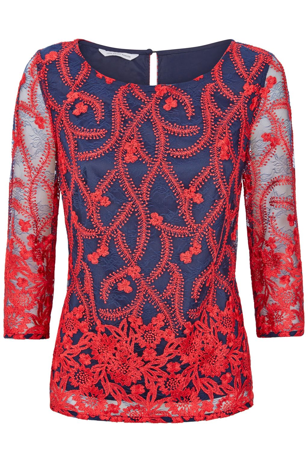 Lorna Top, Red Multi - neckline: round neck; style: t-shirt; predominant colour: true red; secondary colour: royal blue; occasions: evening; length: standard; fibres: polyester/polyamide - 100%; fit: body skimming; sleeve length: 3/4 length; sleeve style: standard; texture group: sheer fabrics/chiffon/organza etc.; pattern type: fabric; pattern: patterned/print; embellishment: embroidered; pattern size: big & busy (top); season: a/w 2015