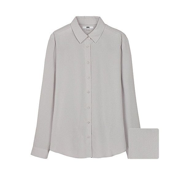 Women Silk Touch Long Sleeve Blouse Light Gray - neckline: shirt collar/peter pan/zip with opening; pattern: plain; length: below the bottom; style: blouse; predominant colour: light grey; occasions: casual, work, creative work; fibres: viscose/rayon - 100%; fit: loose; sleeve length: long sleeve; sleeve style: standard; pattern type: fabric; texture group: other - light to midweight; season: a/w 2015