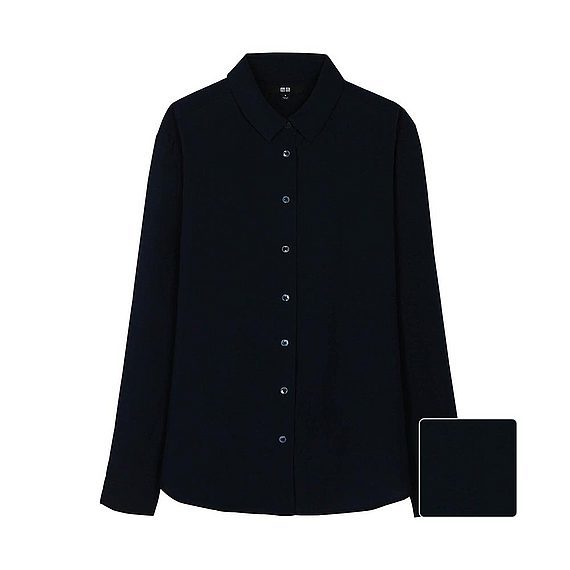 Women Silk Touch Long Sleeve Blouse Navy - neckline: shirt collar/peter pan/zip with opening; pattern: plain; length: below the bottom; style: blouse; predominant colour: navy; occasions: casual, work, creative work; fibres: viscose/rayon - 100%; fit: loose; sleeve length: long sleeve; sleeve style: standard; pattern type: fabric; texture group: other - light to midweight; season: a/w 2015
