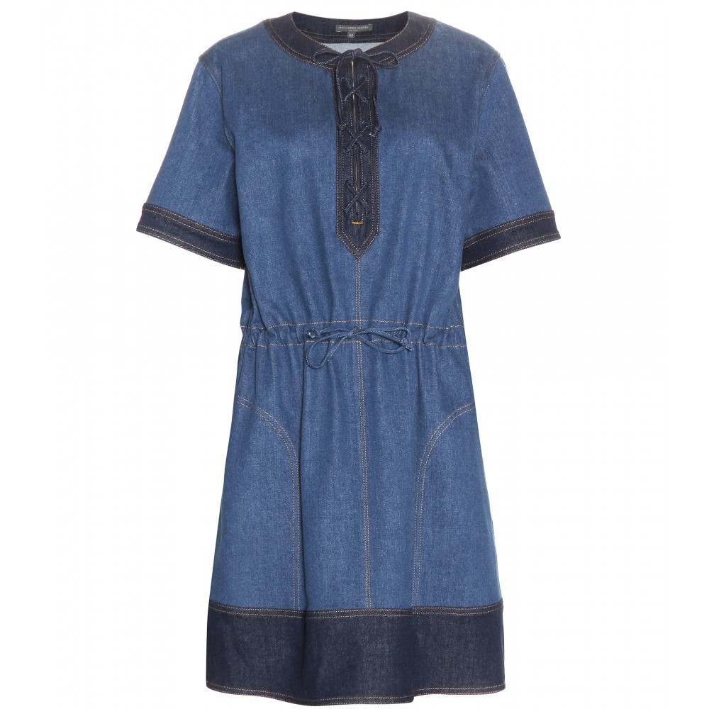 Denim Dress - style: shift; neckline: v-neck; pattern: plain; predominant colour: denim; occasions: casual; length: just above the knee; fit: soft a-line; fibres: cotton - stretch; hip detail: soft pleats at hip/draping at hip/flared at hip; sleeve length: short sleeve; sleeve style: standard; texture group: denim; pattern type: fabric; season: a/w 2015