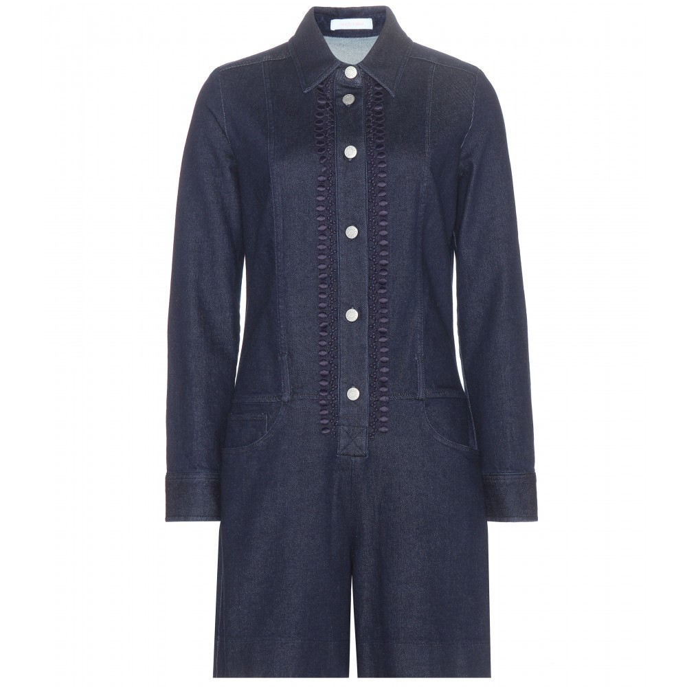 Denim Playsuit - neckline: shirt collar/peter pan/zip with opening; pattern: plain; length: mid thigh shorts; predominant colour: navy; occasions: casual, creative work; fit: body skimming; fibres: cotton - 100%; sleeve length: long sleeve; sleeve style: standard; texture group: denim; style: playsuit; pattern type: fabric; season: a/w 2015
