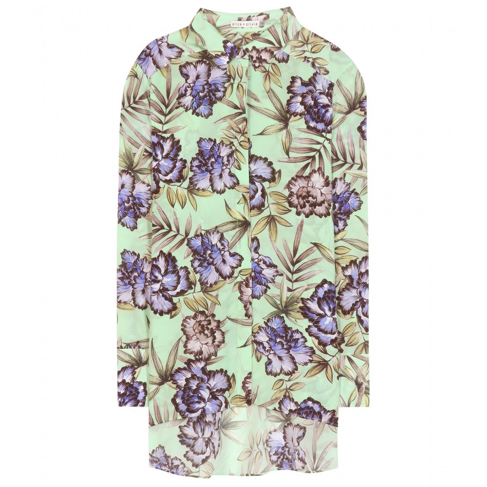 Aravi Printed Silk Blouse - neckline: shirt collar/peter pan/zip with opening; length: below the bottom; style: shirt; secondary colour: lilac; predominant colour: pistachio; occasions: casual; fibres: silk - 100%; fit: body skimming; sleeve length: long sleeve; sleeve style: standard; texture group: silky - light; pattern type: fabric; pattern: florals; multicoloured: multicoloured; season: a/w 2015
