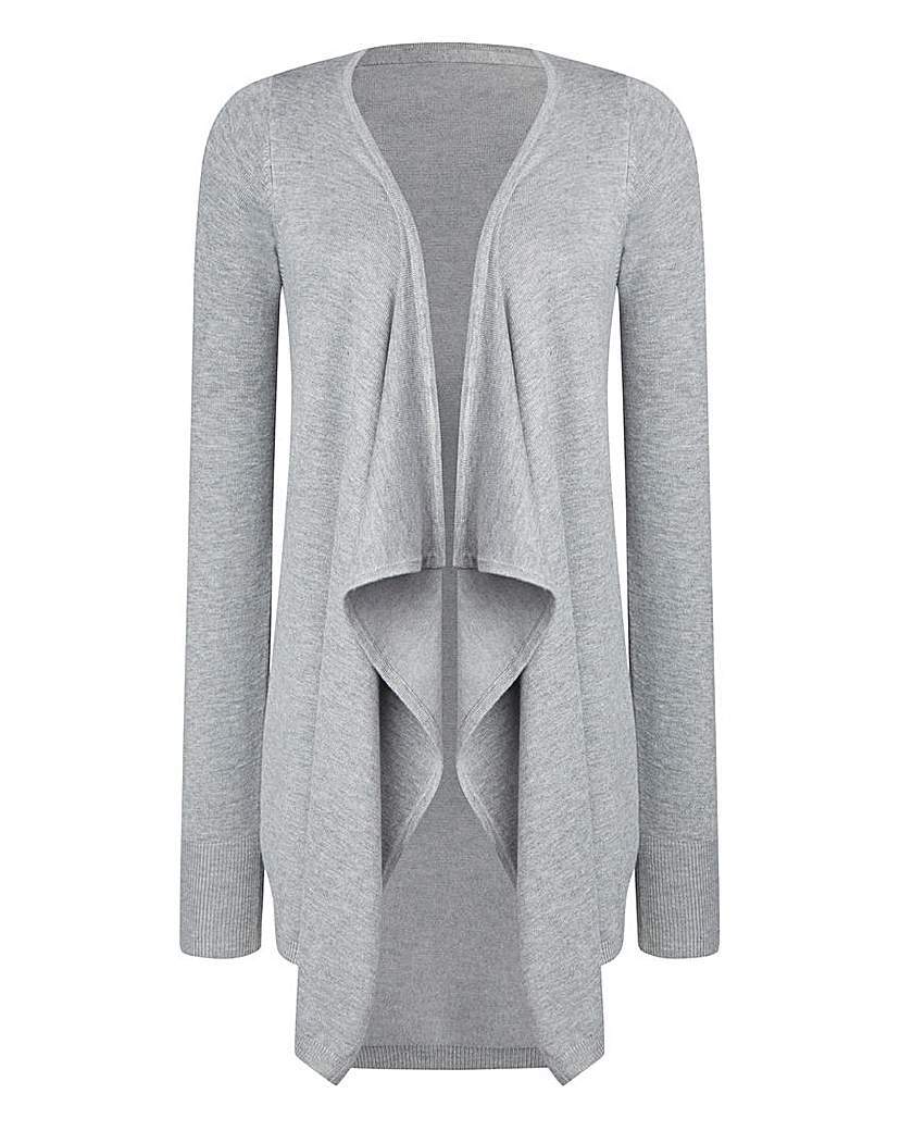 Grey Marl Waterfall Cardigan - neckline: waterfall neck; style: open front; predominant colour: mid grey; occasions: casual, creative work; fibres: polyester/polyamide - 100%; fit: loose; length: mid thigh; sleeve length: long sleeve; sleeve style: standard; texture group: knits/crochet; pattern type: knitted - fine stitch; pattern size: light/subtle; pattern: marl; season: a/w 2015