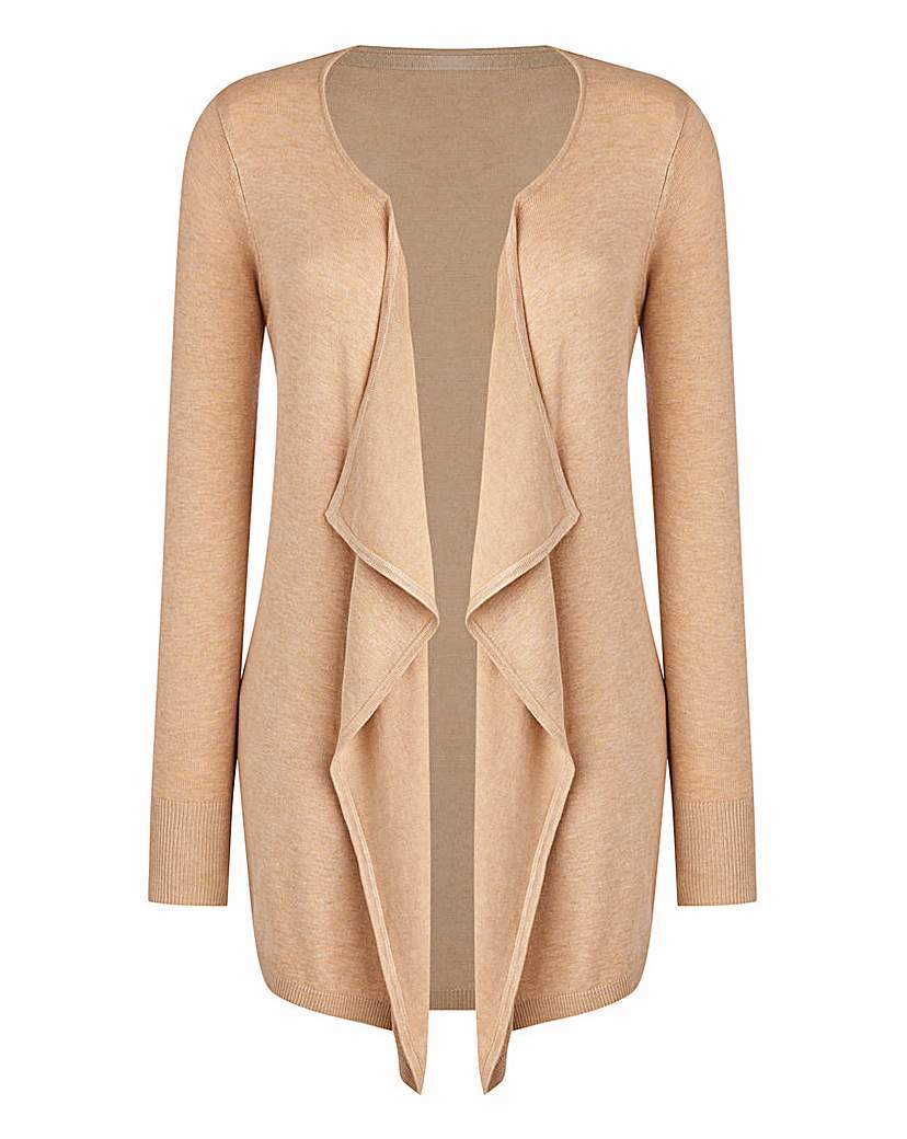 Waterfall Cardigan - pattern: plain; neckline: waterfall neck; style: open front; predominant colour: camel; occasions: casual, creative work; fibres: polyester/polyamide - 100%; fit: loose; length: mid thigh; sleeve length: long sleeve; sleeve style: standard; texture group: knits/crochet; pattern type: knitted - fine stitch; season: a/w 2015