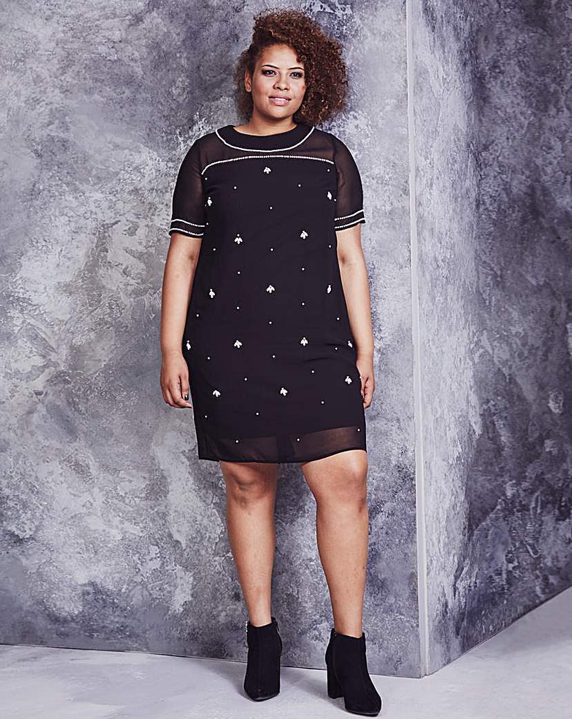 Embellished Short Sleeve Shift Dress - style: shift; secondary colour: silver; predominant colour: black; occasions: evening; length: just above the knee; fit: body skimming; neckline: crew; sleeve length: short sleeve; sleeve style: standard; texture group: sheer fabrics/chiffon/organza etc.; pattern type: fabric; pattern size: big & busy; pattern: patterned/print; season: a/w 2015