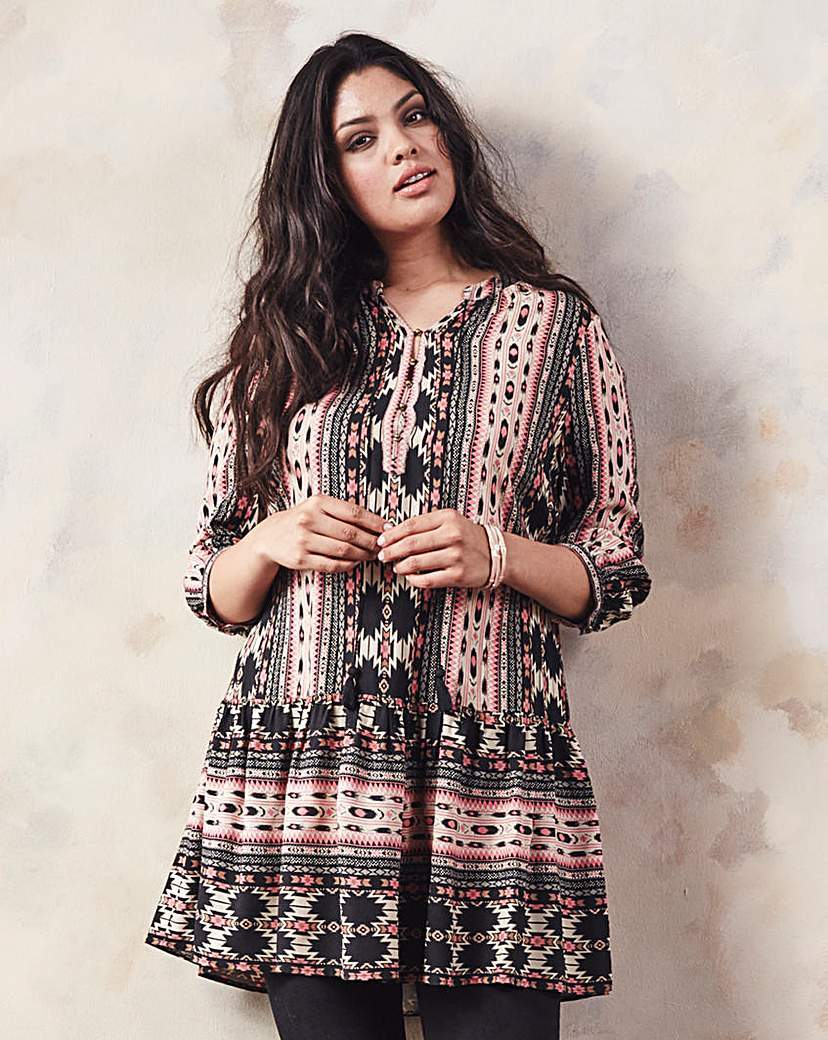 Aztec Tunic - neckline: round neck; style: tunic; predominant colour: black; occasions: casual; fibres: cotton - 100%; fit: straight cut; length: mid thigh; sleeve length: 3/4 length; sleeve style: standard; pattern type: fabric; pattern size: standard; pattern: patterned/print; texture group: other - light to midweight; secondary colour: dusky pink; multicoloured: multicoloured; season: a/w 2015