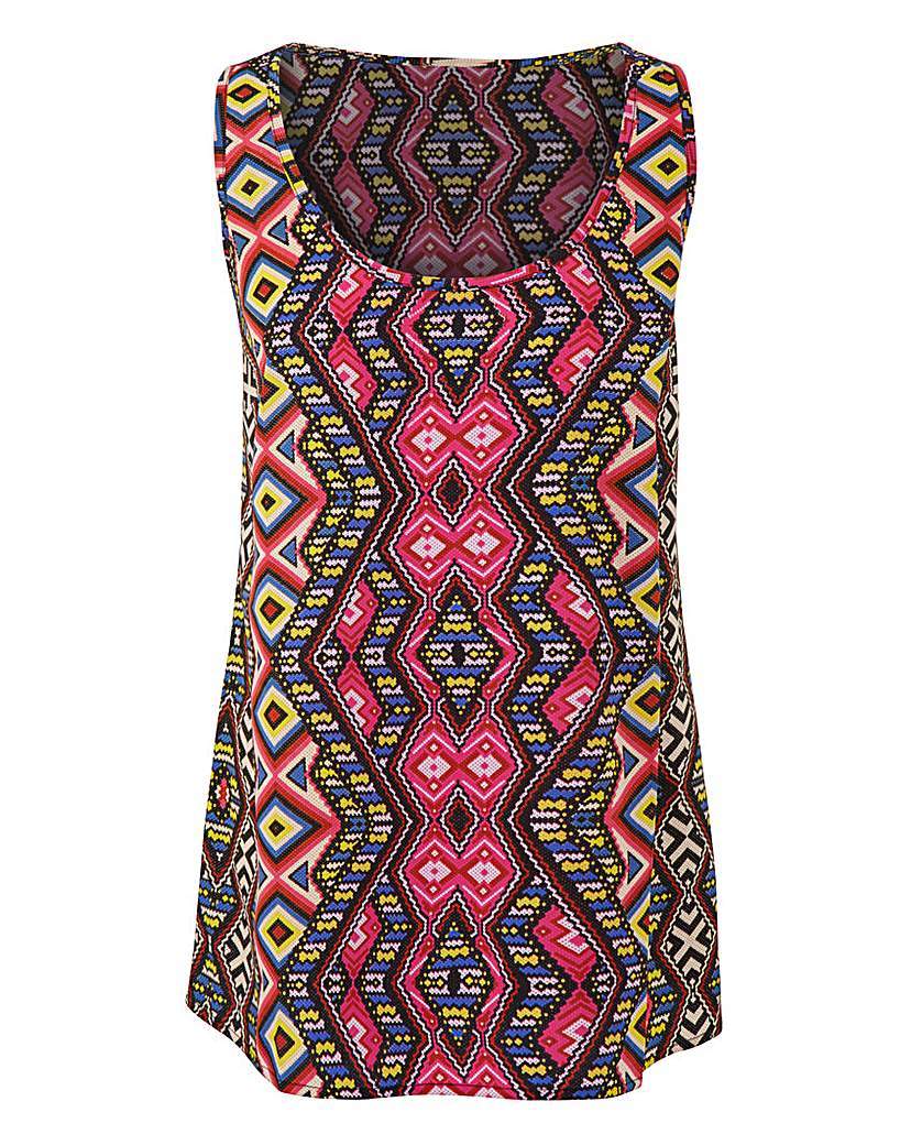 Tribal Print Woven Vest - sleeve style: sleeveless; length: below the bottom; style: vest top; predominant colour: hot pink; secondary colour: yellow; occasions: casual; neckline: scoop; fit: body skimming; sleeve length: sleeveless; pattern type: fabric; pattern size: standard; pattern: patterned/print; texture group: jersey - stretchy/drapey; multicoloured: multicoloured; season: a/w 2015