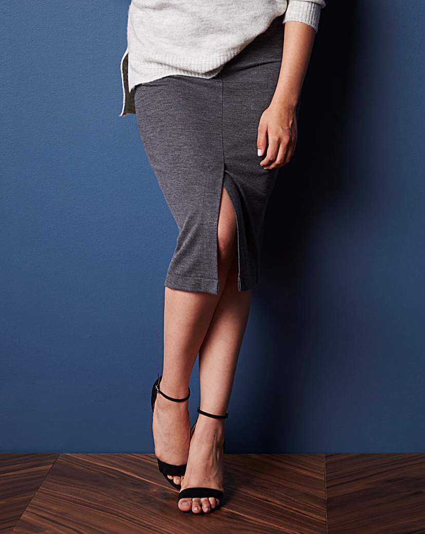 Stretch Jersey Button Skirt - length: below the knee; pattern: plain; fit: tight; waist: high rise; predominant colour: charcoal; occasions: evening; fibres: polyester/polyamide - stretch; style: tube; hip detail: slits at hip; texture group: jersey - clingy; pattern type: fabric; season: a/w 2015