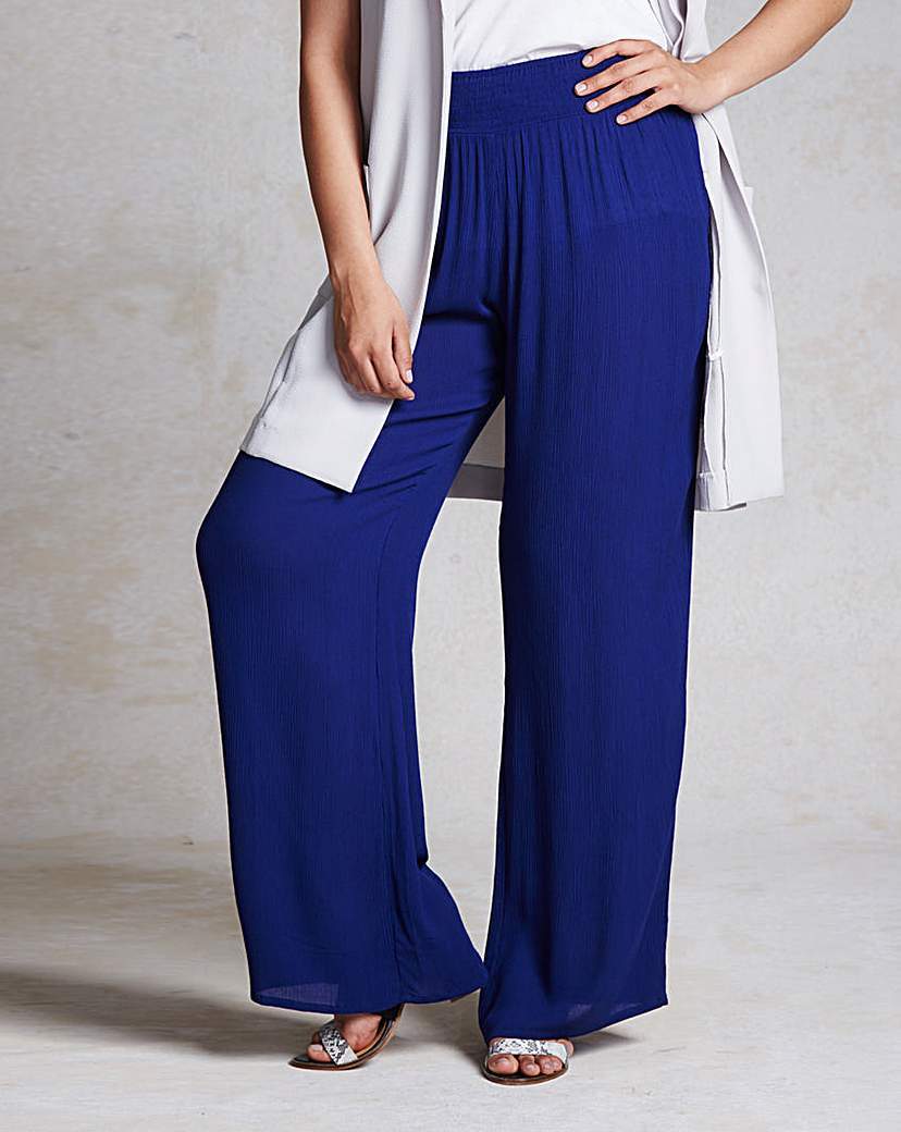 Crinkle Wide Leg Trouser Regular - length: standard; pattern: plain; waist: high rise; predominant colour: royal blue; occasions: casual; fibres: viscose/rayon - 100%; fit: wide leg; pattern type: fabric; texture group: jersey - stretchy/drapey; style: standard; season: a/w 2015