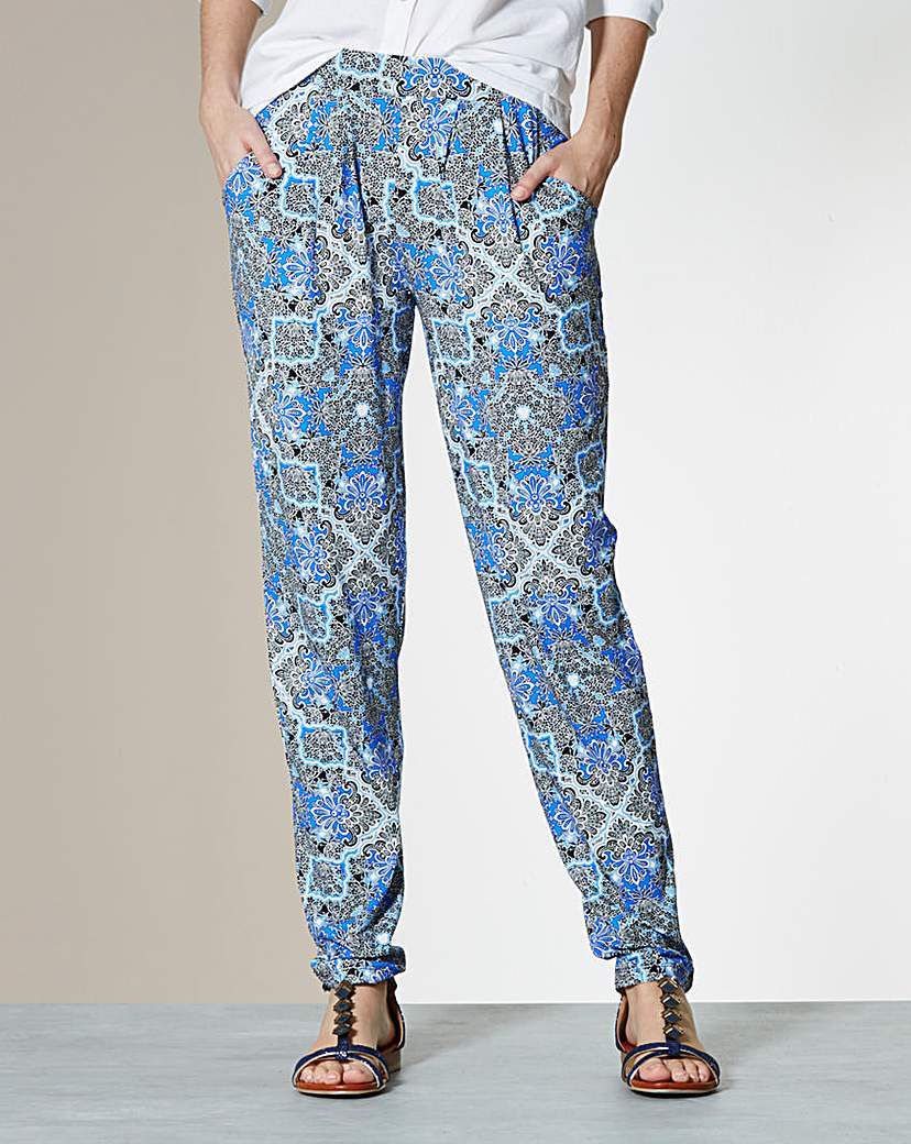 Print Stretch Jersey Harem Trouser Short - length: standard; waist detail: belted waist/tie at waist/drawstring; waist: mid/regular rise; predominant colour: diva blue; secondary colour: primrose yellow; occasions: casual; fit: tapered; pattern type: fabric; pattern: patterned/print; texture group: other - light to midweight; style: standard; pattern size: standard (bottom); season: a/w 2015