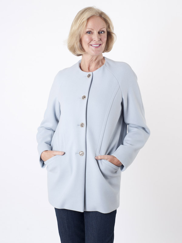 Taifun Pale Blue Collarless Coat - pattern: plain; length: below the bottom; collar: round collar/collarless; style: single breasted; predominant colour: pale blue; occasions: casual, creative work; fit: straight cut (boxy); fibres: viscose/rayon - stretch; sleeve length: long sleeve; sleeve style: standard; collar break: high; pattern type: fabric; texture group: woven bulky/heavy; season: a/w 2015