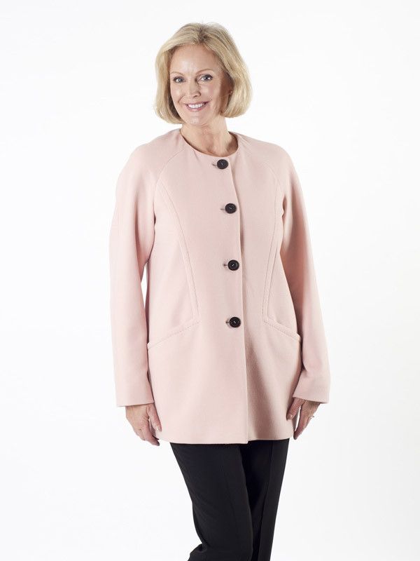 Taifun Blush Collarless Coat - pattern: plain; length: below the bottom; collar: round collar/collarless; style: single breasted; predominant colour: blush; occasions: casual; fit: straight cut (boxy); fibres: polyester/polyamide - mix; sleeve length: long sleeve; sleeve style: standard; collar break: high; pattern type: fabric; texture group: woven bulky/heavy; season: a/w 2015