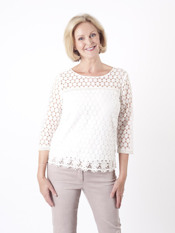 Gerry Weber Ivory Circle Lace Top - neckline: round neck; pattern: plain; predominant colour: white; occasions: casual, creative work; length: standard; style: top; fibres: polyester/polyamide - 100%; fit: body skimming; sleeve length: long sleeve; sleeve style: standard; texture group: knits/crochet; pattern type: knitted - other; embellishment: lace; season: a/w 2015