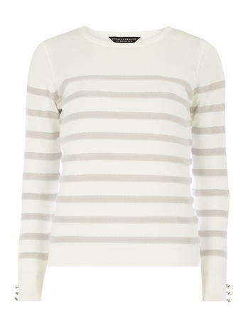 Womens Grey And Ivory Stripe Jumper Grey/White - neckline: round neck; pattern: horizontal stripes; style: standard; predominant colour: ivory/cream; occasions: casual, creative work; length: standard; fibres: cotton - mix; fit: standard fit; sleeve length: long sleeve; sleeve style: standard; texture group: knits/crochet; pattern type: knitted - fine stitch; pattern size: big & busy (top); season: a/w 2015