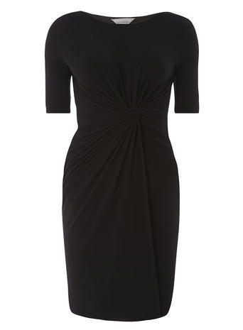 Womens Petite Black Side Twist Dress Black - style: shift; neckline: round neck; pattern: plain; waist detail: twist front waist detail/nipped in at waist on one side/soft pleats/draping/ruching/gathering waist detail; predominant colour: black; length: just above the knee; fit: body skimming; fibres: polyester/polyamide - stretch; sleeve length: short sleeve; sleeve style: standard; pattern type: fabric; texture group: jersey - stretchy/drapey; occasions: creative work; season: a/w 2015
