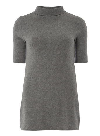 Womens Petite Roll Neck Tabard Grey - pattern: plain; length: below the bottom; neckline: roll neck; style: standard; predominant colour: mid grey; occasions: casual, creative work; fibres: acrylic - mix; fit: standard fit; sleeve length: half sleeve; sleeve style: standard; texture group: knits/crochet; pattern type: knitted - fine stitch; season: a/w 2015
