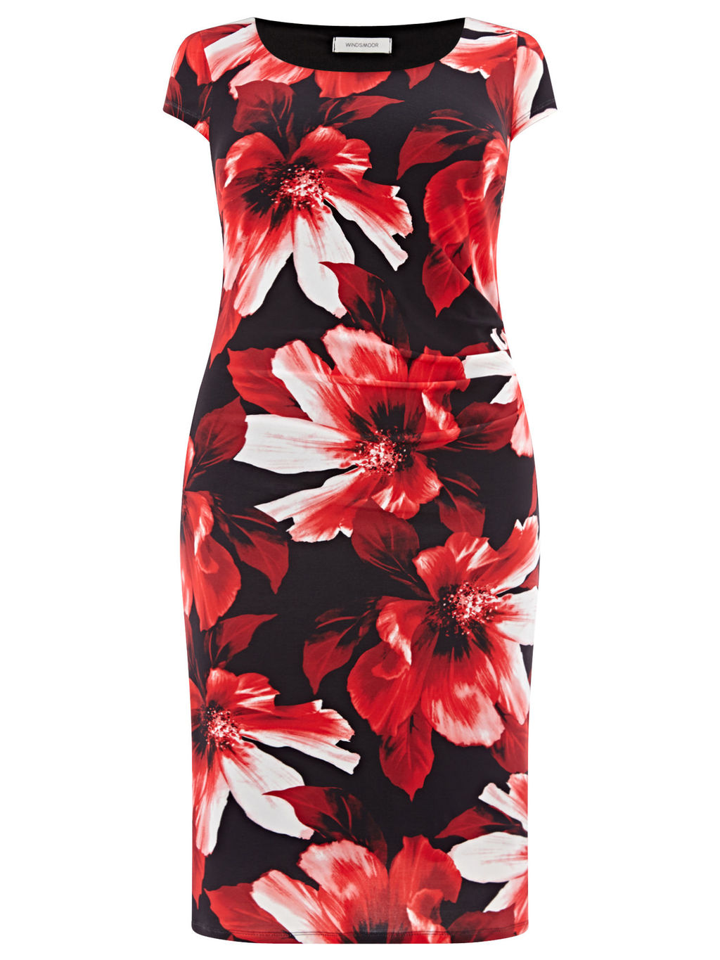 Floral Print Dress, Red/Black - style: shift; neckline: round neck; sleeve style: capped; fit: tailored/fitted; predominant colour: true red; secondary colour: black; length: on the knee; fibres: polyester/polyamide - stretch; occasions: occasion; sleeve length: short sleeve; pattern type: fabric; pattern size: big & busy; pattern: florals; texture group: jersey - stretchy/drapey; season: a/w 2015