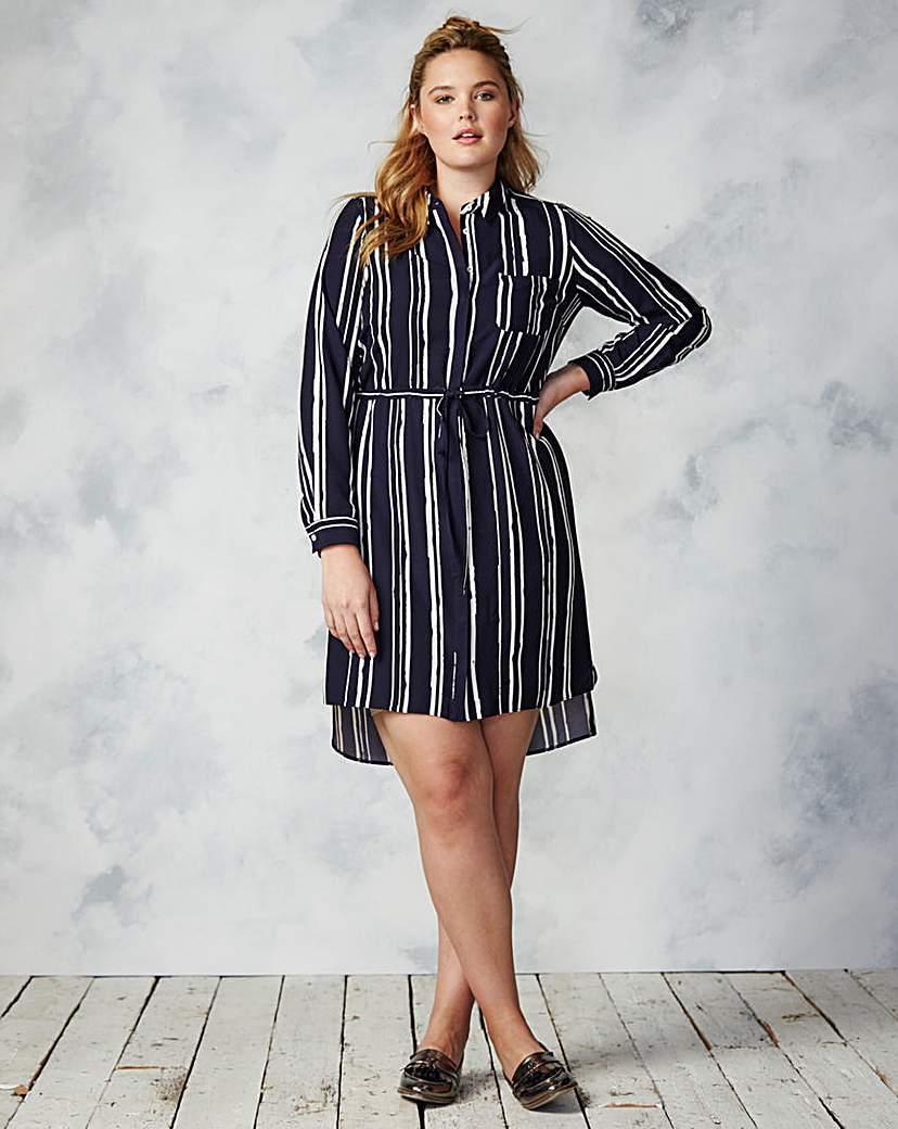 Stripe Shirt Dress - style: shirt; length: mid thigh; neckline: shirt collar/peter pan/zip with opening; fit: fitted at waist; pattern: vertical stripes; waist detail: belted waist/tie at waist/drawstring; secondary colour: white; predominant colour: navy; occasions: casual, creative work; fibres: polyester/polyamide - 100%; sleeve length: long sleeve; sleeve style: standard; pattern type: fabric; pattern size: standard; texture group: woven light midweight; season: a/w 2015