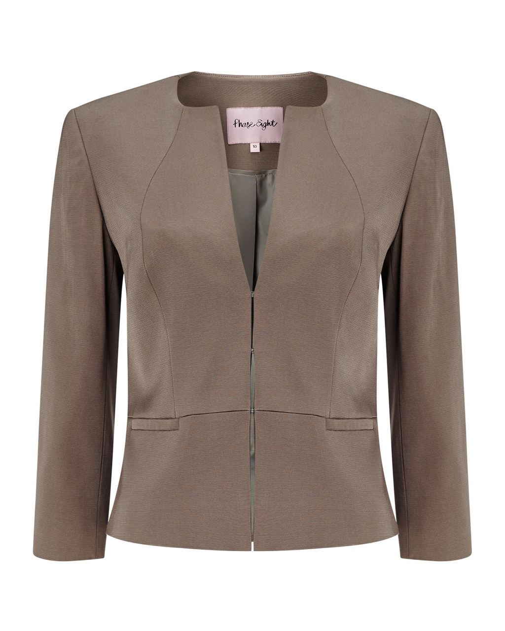 Hattie Jacket - pattern: plain; style: single breasted blazer; collar: round collar/collarless; predominant colour: taupe; length: standard; fit: tailored/fitted; sleeve length: 3/4 length; sleeve style: standard; collar break: medium; pattern type: fabric; texture group: woven light midweight; fibres: viscose/rayon - mix; occasions: creative work; hip detail: side pockets at hip; season: a/w 2015