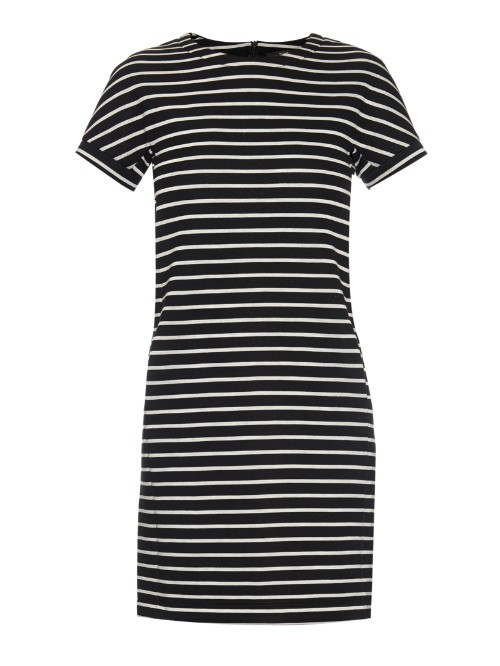 Luca Dress - style: shift; pattern: horizontal stripes; predominant colour: white; secondary colour: black; occasions: casual, creative work; length: just above the knee; fit: soft a-line; fibres: cotton - mix; neckline: crew; sleeve length: short sleeve; sleeve style: standard; pattern type: fabric; pattern size: standard; texture group: jersey - stretchy/drapey; season: a/w 2015