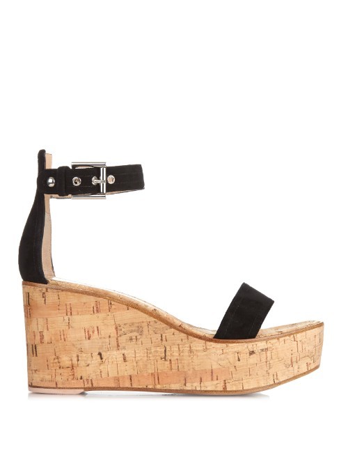 Ankle Strap Suede Wedge Sandals - predominant colour: camel; secondary colour: black; occasions: casual; material: suede; heel height: high; ankle detail: ankle strap; heel: wedge; toe: open toe/peeptoe; style: standard; finish: plain; pattern: colourblock; shoe detail: platform; season: a/w 2015
