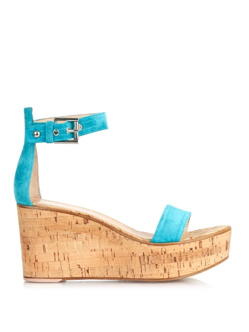 Ankle Strap Suede Wedge Sandals - secondary colour: turquoise; predominant colour: camel; occasions: casual; material: suede; heel height: high; ankle detail: ankle strap; heel: wedge; toe: open toe/peeptoe; style: standard; finish: plain; pattern: colourblock; shoe detail: platform; season: a/w 2015