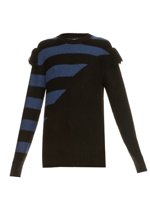 Bi Colour Intarsia Cashmere Knit Sweater - pattern: striped; style: standard; secondary colour: denim; predominant colour: black; occasions: casual, creative work; length: standard; fit: slim fit; neckline: crew; fibres: cashmere - 100%; sleeve length: long sleeve; sleeve style: standard; texture group: knits/crochet; pattern type: knitted - other; pattern size: standard; embellishment: fringing; season: a/w 2015