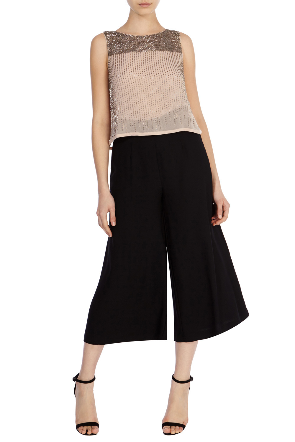 Peppo Embellished Top - pattern: plain; sleeve style: sleeveless; predominant colour: nude; secondary colour: gold; occasions: evening; length: standard; style: top; fibres: polyester/polyamide - 100%; fit: straight cut; neckline: crew; shoulder detail: added shoulder detail; sleeve length: sleeveless; texture group: sheer fabrics/chiffon/organza etc.; pattern type: fabric; embellishment: sequins; season: a/w 2015