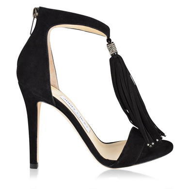 Viola Suede Tassel Heels - predominant colour: black; occasions: evening, occasion; material: suede; heel height: high; embellishment: tassels; ankle detail: ankle strap; heel: stiletto; toe: open toe/peeptoe; style: strappy; finish: plain; pattern: plain; season: a/w 2015