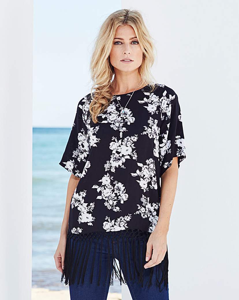 Black Print Fringe Hem Top - neckline: round neck; pattern: plain; length: below the bottom; predominant colour: navy; occasions: casual, creative work; style: top; fibres: polyester/polyamide - 100%; fit: loose; hip detail: added detail/embellishment at hip; sleeve length: short sleeve; sleeve style: standard; trends: monochrome; pattern type: fabric; texture group: other - light to midweight; embellishment: fringing; pattern size: big & busy (top); season: a/w 2015
