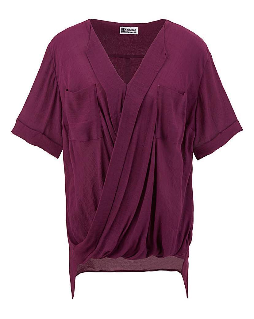 Short Sleeve Crinkle Wrap Blouse - neckline: v-neck; pattern: plain; style: wrap/faux wrap; predominant colour: aubergine; occasions: evening; length: standard; fit: body skimming; sleeve length: short sleeve; sleeve style: standard; pattern type: fabric; texture group: jersey - stretchy/drapey; fibres: viscose/rayon - mix; season: a/w 2015