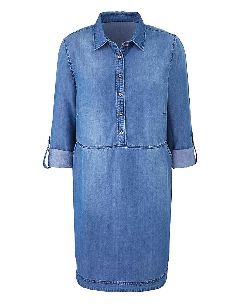 Soft Denim Tunic - neckline: shirt collar/peter pan/zip with opening; pattern: plain; style: tunic; predominant colour: denim; occasions: casual; fibres: viscose/rayon - 100%; fit: body skimming; length: mid thigh; sleeve length: 3/4 length; sleeve style: standard; texture group: denim; pattern type: fabric; season: a/w 2015