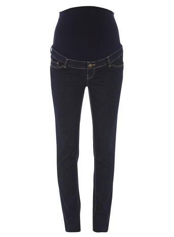 Womens **Maternity Indigo Authentic Over The Bump Jeans Indigo - style: skinny leg; length: standard; pattern: plain; waist: low rise; pocket detail: traditional 5 pocket; predominant colour: navy; occasions: casual; fibres: cotton - stretch; jeans detail: dark wash; texture group: denim; pattern type: fabric; season: a/w 2015