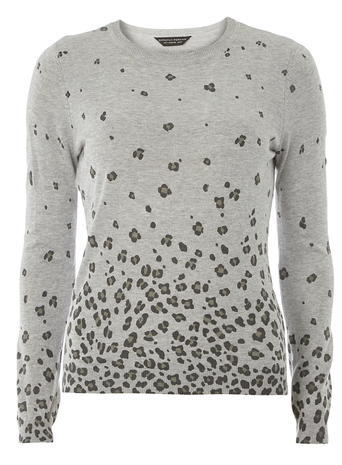 Womens Grey Animal Print Jumper Grey - neckline: round neck; style: standard; predominant colour: light grey; occasions: casual, creative work; length: standard; fit: standard fit; sleeve length: long sleeve; sleeve style: standard; texture group: knits/crochet; pattern type: knitted - fine stitch; pattern size: standard; pattern: animal print; fibres: viscose/rayon - mix; season: a/w 2015