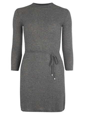 Womens Charcoal Mock Neck Rib Tunic Grey - pattern: plain; style: tunic; waist detail: belted waist/tie at waist/drawstring; predominant colour: charcoal; occasions: casual; fibres: polyester/polyamide - stretch; fit: body skimming; neckline: crew; length: mid thigh; sleeve length: 3/4 length; sleeve style: standard; texture group: knits/crochet; pattern type: knitted - fine stitch; season: a/w 2015